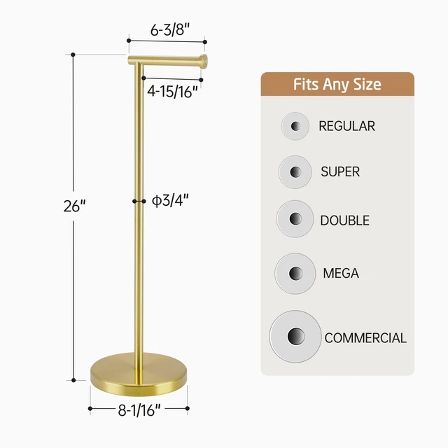 Alt view image 5 of 7 - Gold Toilet Paper Holder Stand, 26" H (Taller Version), Weighted Base Weighted Base, Rustproof, Anti-Slip, Fits All Roll Sizes, No Drilling, Easy Assembly