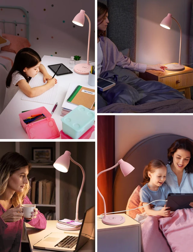 Alt view image 7 of 7 - Cute Desk Lamp for Home Office with USB C+A Charging Port Timer Pink LED Desk Light with Wireless Charger 5 Colors Stepless Dimming Reading Light Touch Bedside Table Lamp for College Dorm Room