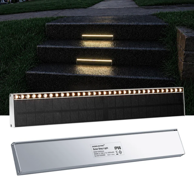 Main image of Solar Step Lights Outside, 33 Focused LEDs, Stair Light, 2PK Downward Lighting, High Brightness, Modular, Waterproof Aluminum, Risers, Deck, Curbsides, Planter Edges, Warm White, 3000K