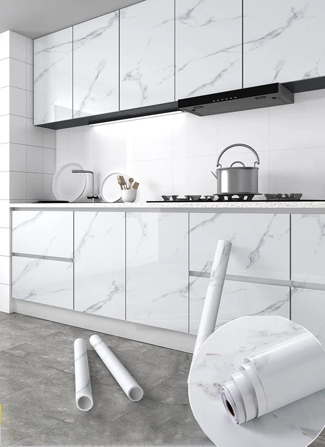 Alt view image 3 of 7 - Marble Contact Paper White Peel and Stick Wallpaper 23.6"×197" Glossy Marble Wallpaper Self Adhesive Removable Wallpapers Waterproof Countertop Paper for Cabinet Furniture Kitchen Vinyl