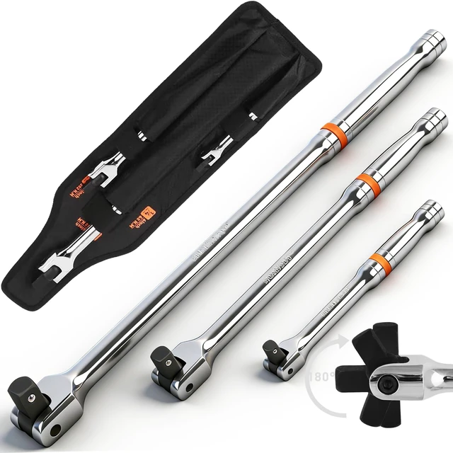Main image of 3-Piece Breaker Bar Set with 180° Rotatable Head, 1/4'', 3/8'' and 1/2'' Drive, 6'', 10'', 15'' Length, Heavy Duty Breaker Bars with Chrome Vanadium Steel