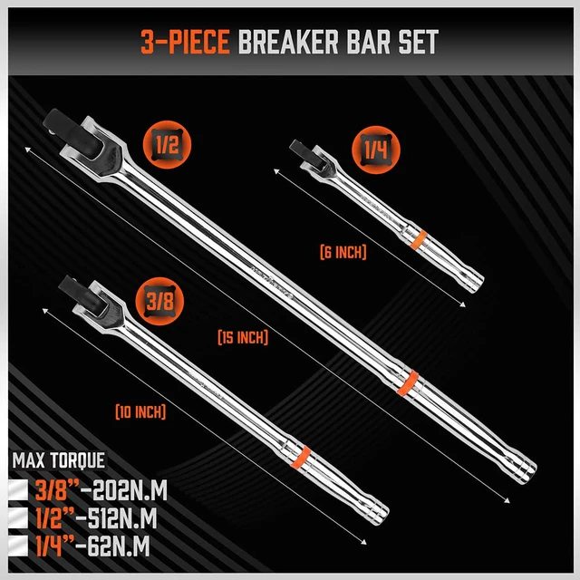 Alt view image 2 of 7 - 3-Piece Breaker Bar Set with 180° Rotatable Head, 1/4'', 3/8'' and 1/2'' Drive, 6'', 10'', 15'' Length, Heavy Duty Breaker Bars with Chrome Vanadium Steel