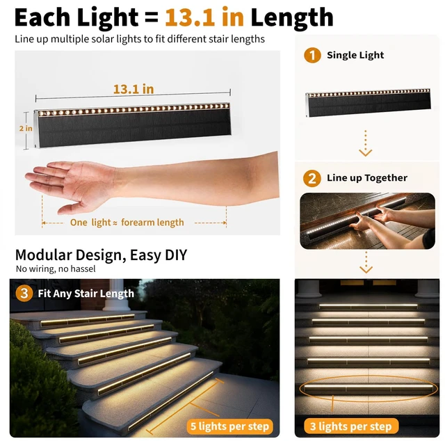 Alt view image 2 of 7 - Solar Step Lights Outside, 33 Focused LEDs, Stair Light, 1PK Downward Lighting, High Brightness, Modular, Waterproof Aluminum, Risers, Deck, Curbsides, Planter Edges, Warm White, 3000K