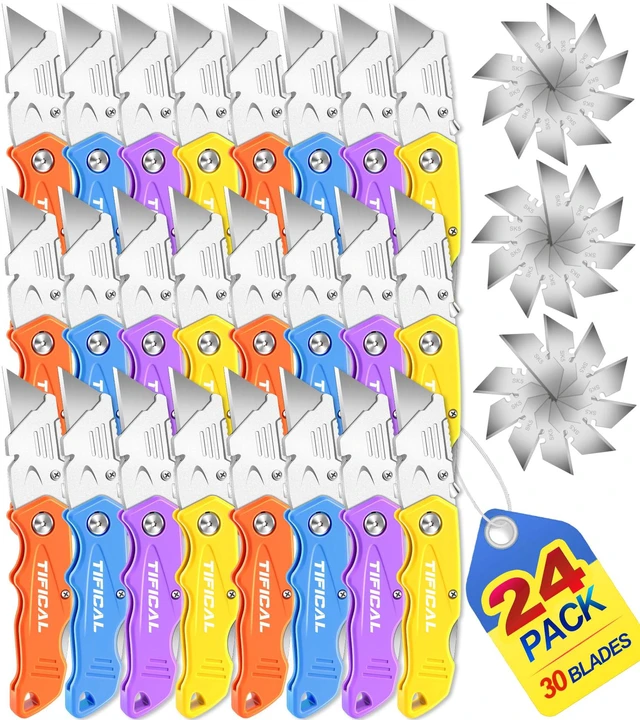 Main image of 24Pack Box Cutter Retractable, Folding Utility Knife with 30 Blades SK5 razor knife blades, quick change pocket knife, navajas para trabajo for cardboard, drywall, rope, linoleum and packages