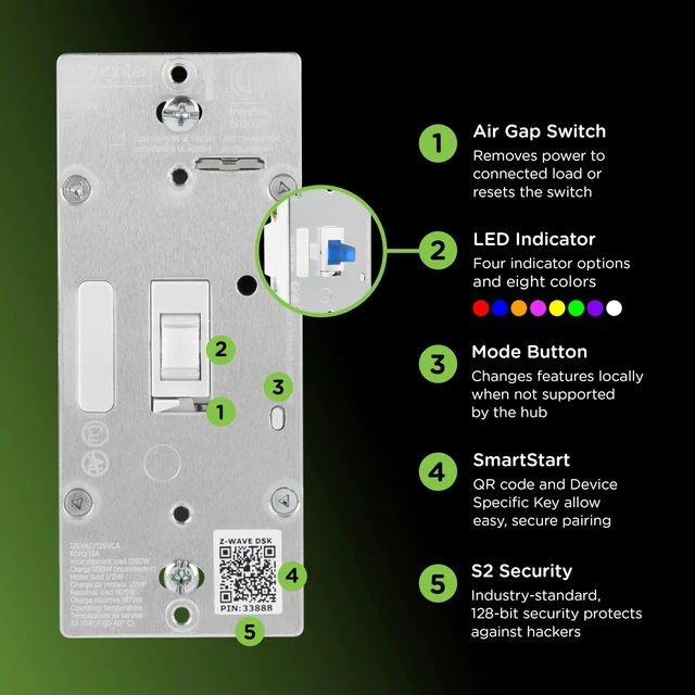 Alt view image 4 of 7 - Z-Wave Long Range On/Off Switch, 800 Series, Toggle Line/Load Swapping, Direct 3-Way (No Add-On Needed), White or Light Almond, Hub Required, Works with Alexa & Google Home