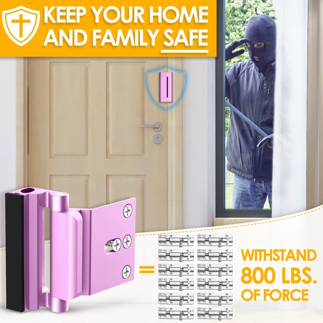 Alt view image 2 of 7 - Door Reinforcement Lock Withstands 800 lbs of Force - Pink Door Lock Latch Drilling Required Extra Proof Door Lock for Kids Safety, Prevents Unauthorized Entry Add a Door Security Lock for Home Safety