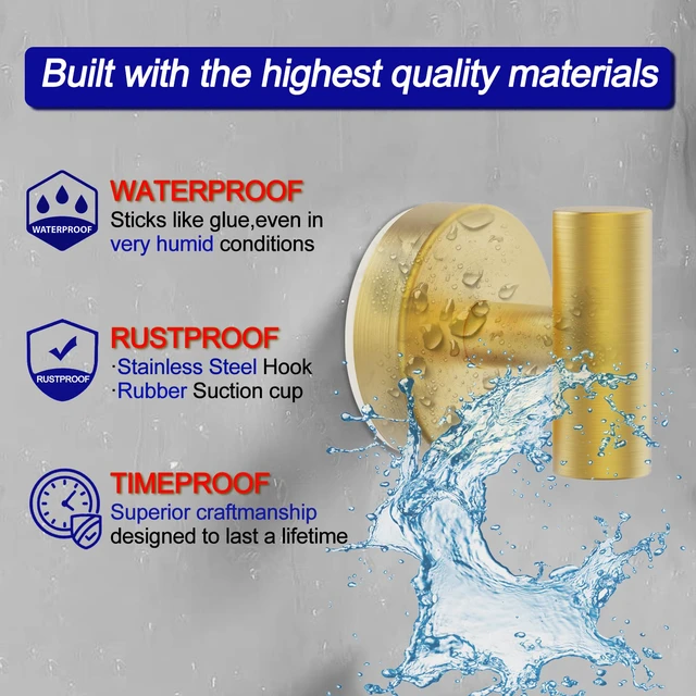Alt view image 2 of 7 - Suction Cup Hooks, Shower Hooks for Inside Shower Removable Towel Hooks for Bathroom Window Glass Mirror Tile, Bath Robe Looafh Hook for Hanging Waterproof & Rustproof, Gold(4 Pack)