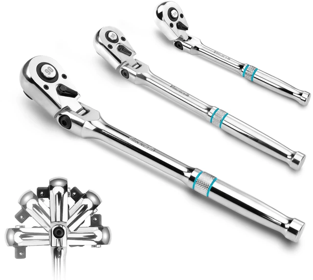 Main image of 3-Piece Flex-Head Ratchet, 90-Tooth Quick-Release Ratchet Wrench 1/4", 3/8", 1/2" Socket Wrench with 180° Pivoting Head & 7-Position Setting, Reversible, CR-V Made, CR-MO Head, Full Polished