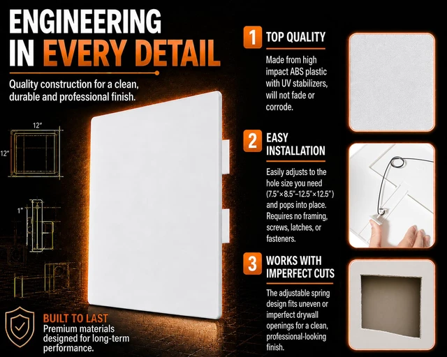 Alt view image 4 of 7 - Adjustable Spring Access Panel 12"x12" Inches, for Drywall, Ceiling, Plumbing Heavy-Duty & Easy Install, Wall Hole Cover Plate, White | Fits 7.5"x8.5" - 12.5"x12.5" Inches | (2-Pack)