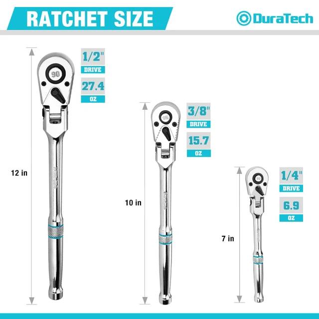 Alt view image 2 of 7 - 3-Piece Flex-Head Ratchet, 90-Tooth Quick-Release Ratchet Wrench 1/4", 3/8", 1/2" Socket Wrench with 180° Pivoting Head & 7-Position Setting, Reversible, CR-V Made, CR-MO Head, Full Polished