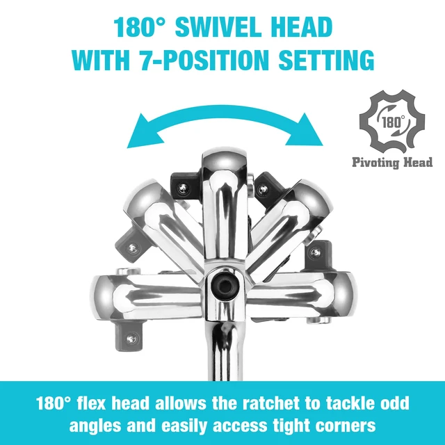 Alt view image 3 of 7 - 3-Piece Flex-Head Ratchet, 90-Tooth Quick-Release Ratchet Wrench 1/4", 3/8", 1/2" Socket Wrench with 180° Pivoting Head & 7-Position Setting, Reversible, CR-V Made, CR-MO Head, Full Polished