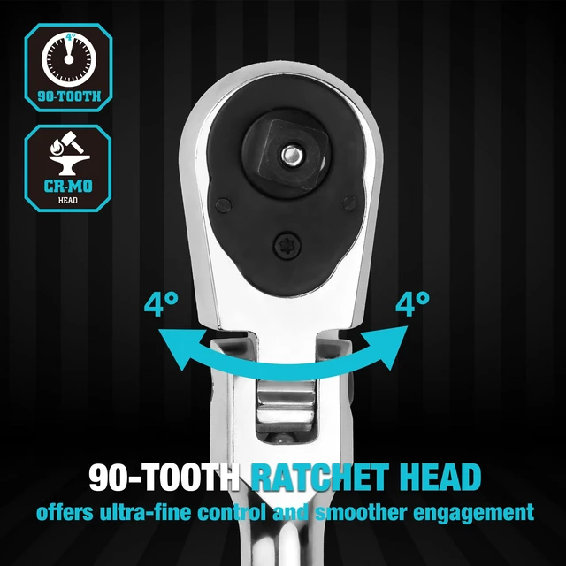 Alt view image 4 of 7 - 3-Piece Flex-Head Ratchet, 90-Tooth Quick-Release Ratchet Wrench 1/4", 3/8", 1/2" Socket Wrench with 180° Pivoting Head & 7-Position Setting, Reversible, CR-V Made, CR-MO Head, Full Polished