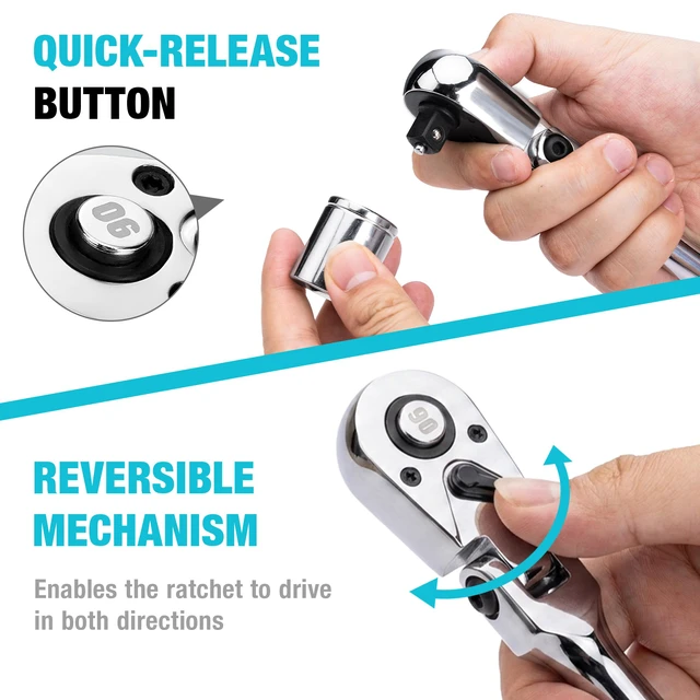 Alt view image 5 of 7 - 3-Piece Flex-Head Ratchet, 90-Tooth Quick-Release Ratchet Wrench 1/4", 3/8", 1/2" Socket Wrench with 180° Pivoting Head & 7-Position Setting, Reversible, CR-V Made, CR-MO Head, Full Polished