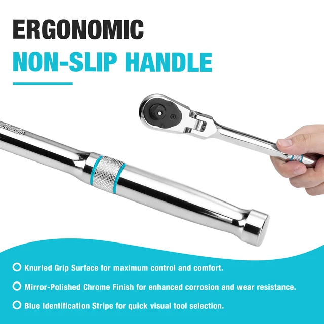 Alt view image 6 of 7 - 3-Piece Flex-Head Ratchet, 90-Tooth Quick-Release Ratchet Wrench 1/4", 3/8", 1/2" Socket Wrench with 180° Pivoting Head & 7-Position Setting, Reversible, CR-V Made, CR-MO Head, Full Polished