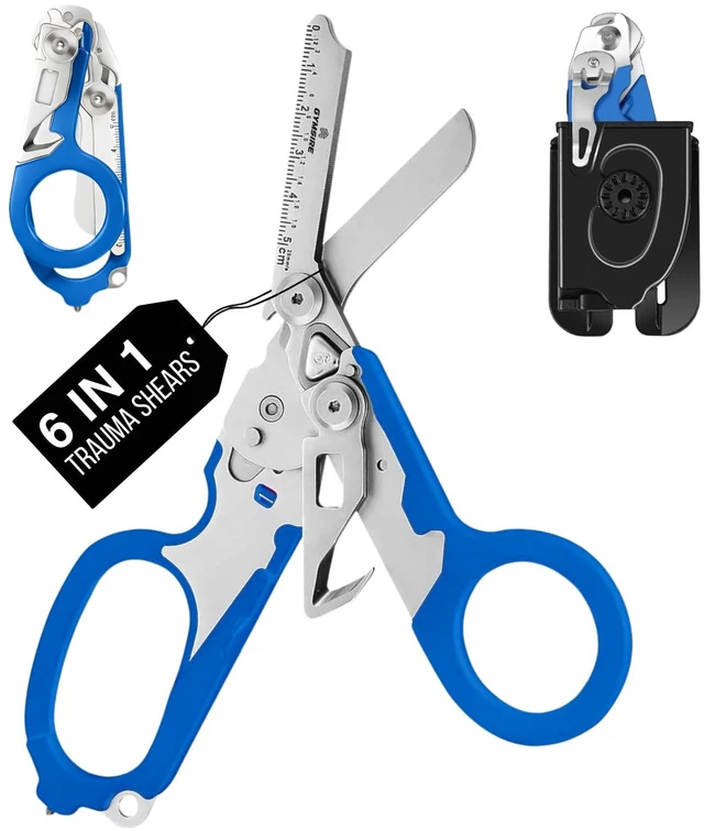 Main image of Heavy Duty 6 in 1 Multifunctional Trauma Shears Foldable | Stainless Steel emergency response scissors | Survival Shears with Holster | Medical Trauma shears Tactical With Strap Cutter | Blue