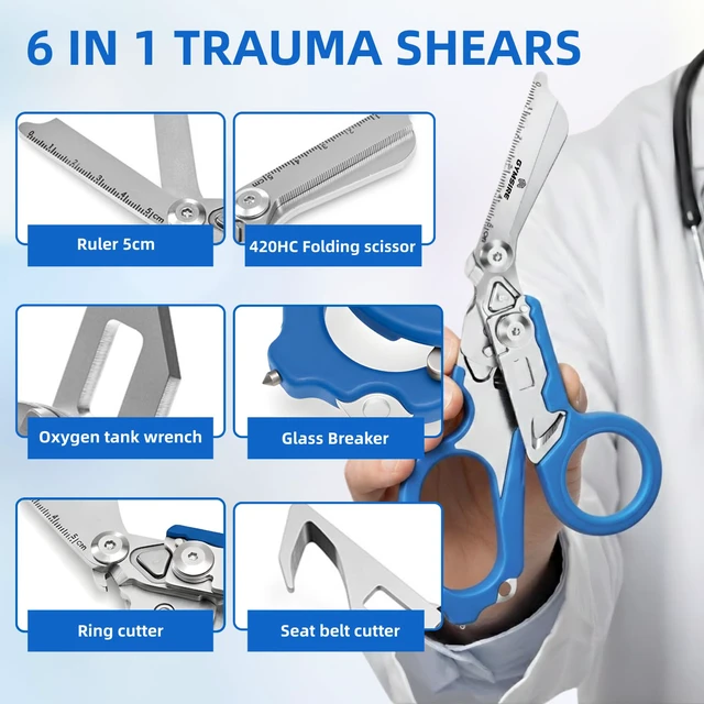 Alt view image 2 of 7 - Heavy Duty 6 in 1 Multifunctional Trauma Shears Foldable | Stainless Steel emergency response scissors | Survival Shears with Holster | Medical Trauma shears Tactical With Strap Cutter | Blue