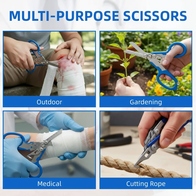 Alt view image 4 of 7 - Heavy Duty 6 in 1 Multifunctional Trauma Shears Foldable | Stainless Steel emergency response scissors | Survival Shears with Holster | Medical Trauma shears Tactical With Strap Cutter | Blue
