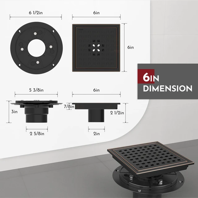 Alt view image 2 of 5 - 6 Inch Square Shower Floor Drain with Flange,Quadrato Pattern Grate Removable,Food-Grade SUS 304 Stainless Steel,Watermark&CUPC Certified,Oil Rubbed Bronze