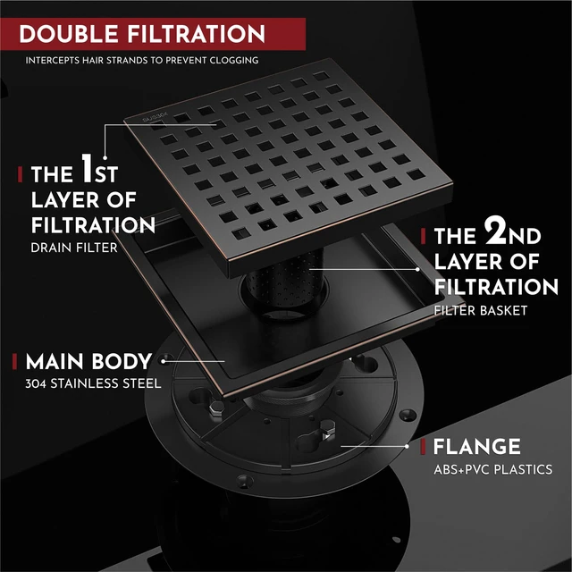 Alt view image 4 of 5 - 6 Inch Square Shower Floor Drain with Flange,Quadrato Pattern Grate Removable,Food-Grade SUS 304 Stainless Steel,Watermark&CUPC Certified,Oil Rubbed Bronze