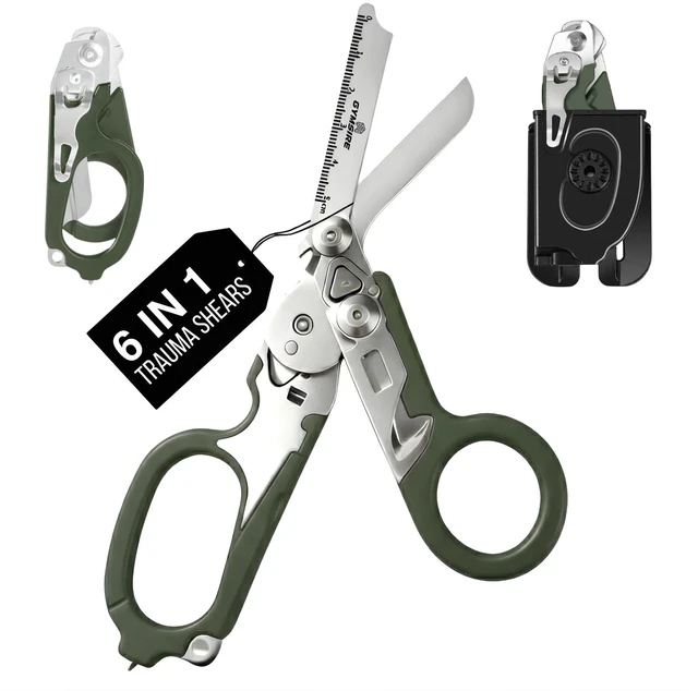 Main image of Heavy Duty 6 in 1 Multifunctional Trauma Shears Foldable | Stainless Steel emergency response scissors | Survival Shears with Holster | Medical Trauma shears Tactical With Strap Cutter | Green