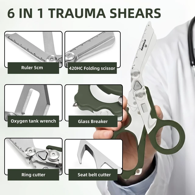 Alt view image 3 of 7 - Heavy Duty 6 in 1 Multifunctional Trauma Shears Foldable | Stainless Steel emergency response scissors | Survival Shears with Holster | Medical Trauma shears Tactical With Strap Cutter | Green