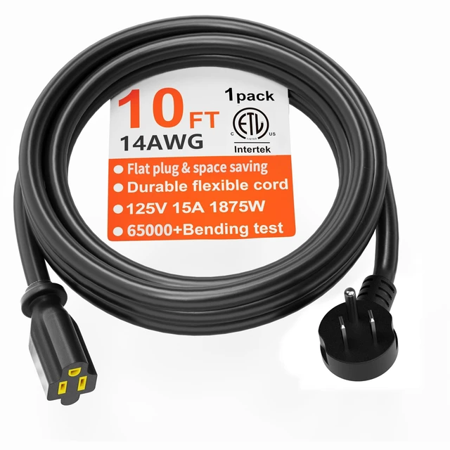 Main image of 14 Gauge 10 FT Black Flat Plug Extension Cord, Indoor Low Profile Flat Plug, Heavy Duty 3 Prong Grounded, Flexible SJTW, 15A 1875W 125V, ETL Listed, Home/Workshop/Outdoor