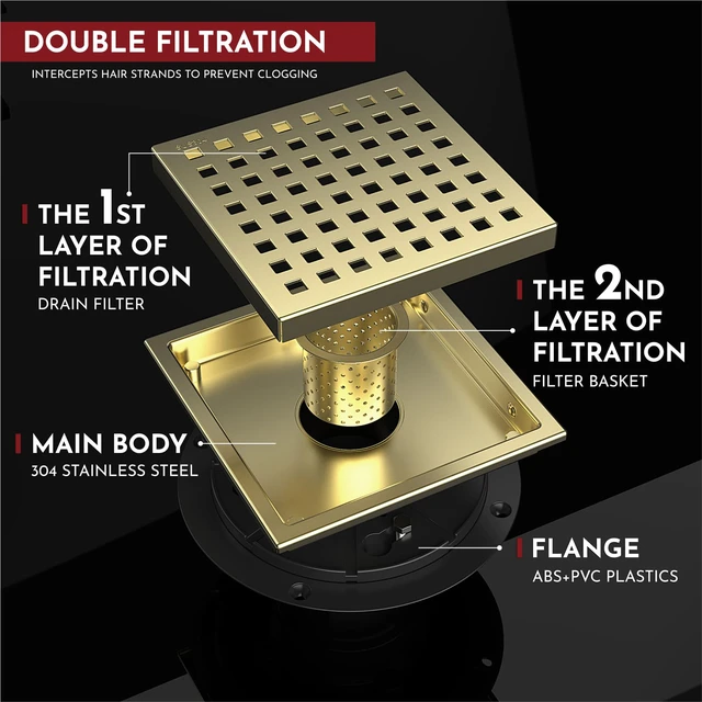 Alt view image 4 of 6 - 6 Inch Square Shower Floor Drain with Flange,Quadrato Pattern Grate Removable,Food-Grade SUS 304 Stainless Steel,Watermark&CUPC Certified, Brushed Gold