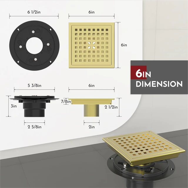 Alt view image 2 of 6 - 6 Inch Square Shower Floor Drain with Flange,Quadrato Pattern Grate Removable,Food-Grade SUS 304 Stainless Steel,Watermark&CUPC Certified, Brushed Gold