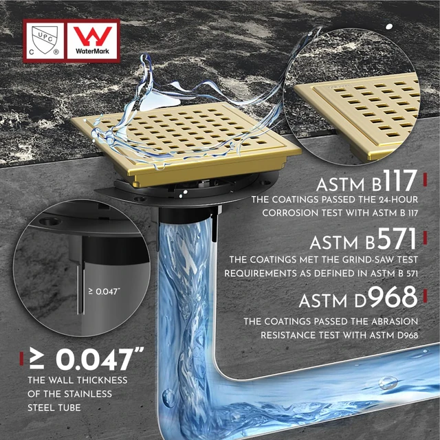 Alt view image 5 of 6 - 6 Inch Square Shower Floor Drain with Flange,Quadrato Pattern Grate Removable,Food-Grade SUS 304 Stainless Steel,Watermark&CUPC Certified, Brushed Gold