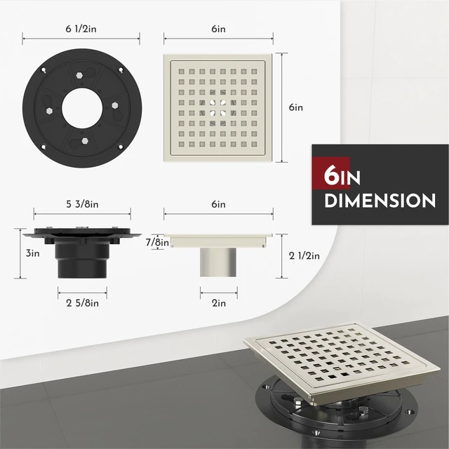 Alt view image 2 of 6 - 6 Inch Square Shower Floor Drain with Flange,Quadrato Pattern Grate Removable,Food-Grade SUS 304 Stainless Steel,Watermark&CUPC Certified,Brushed Nickel