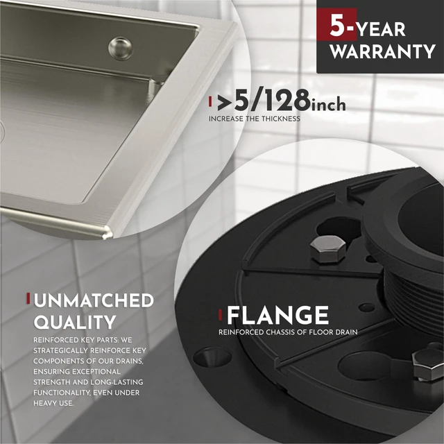 Alt view image 3 of 6 - 6 Inch Square Shower Floor Drain with Flange,Quadrato Pattern Grate Removable,Food-Grade SUS 304 Stainless Steel,Watermark&CUPC Certified,Brushed Nickel