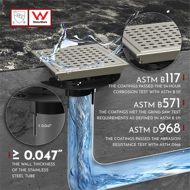 Alt view image 5 of 6 - 6 Inch Square Shower Floor Drain with Flange,Quadrato Pattern Grate Removable,Food-Grade SUS 304 Stainless Steel,Watermark&CUPC Certified,Brushed Nickel