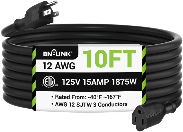 Main image of 10ft Outdoor Extension Cord, 12/3 SJTW Heavy Duty Power Cord, 3-Prong Grounded Plug, Weather Resistant, 15A, 1875W, Black, for Lawn, Garden, Appliances, ETL Listed