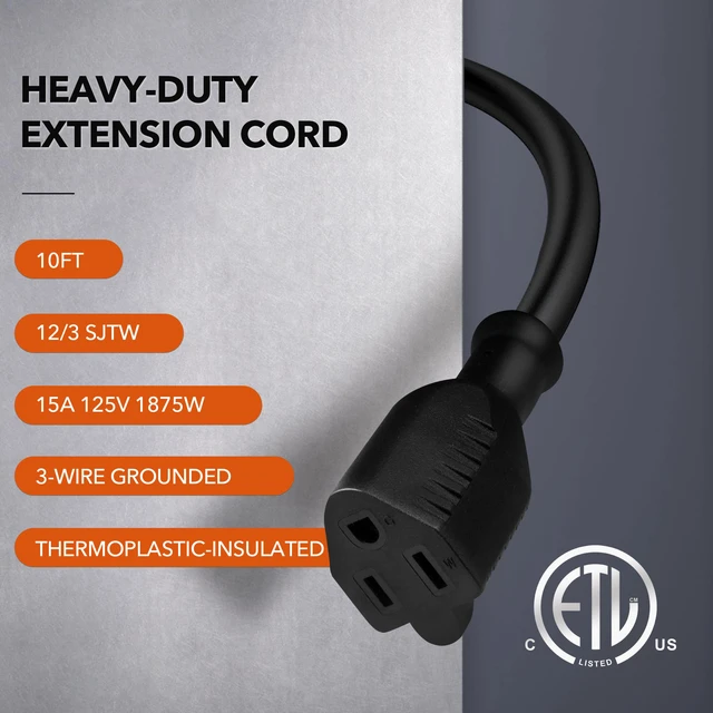 Alt view image 2 of 7 - 10ft Outdoor Extension Cord, 12/3 SJTW Heavy Duty Power Cord, 3-Prong Grounded Plug, Weather Resistant, 15A, 1875W, Black, for Lawn, Garden, Appliances, ETL Listed