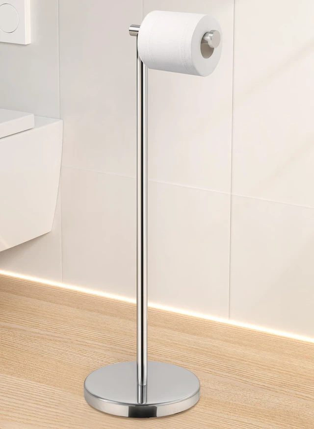 Main image of Toilet Paper Holder Stand, 26" H, Polished, T304 Stainless Steel Cement-weighted base, anti-slip pad prevents scratches, universal roll compatibility, 1-min assembly, no drilling