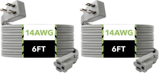 Main image of 6ft Air Conditioner Extension Cord, 14 Gauge Heavy Duty Power Cord, Gray, 3 Prong Grounded Flat Plug, 15 Amps, for Indoor Air Conditioner, Refrigerator and All Major Appliances (Pack of 2)