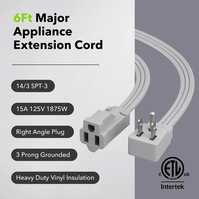 Alt view image 3 of 7 - 6ft Air Conditioner Extension Cord, 14 Gauge Heavy Duty Power Cord, Gray, 3 Prong Grounded Flat Plug, 15 Amps, for Indoor Air Conditioner, Refrigerator and All Major Appliances (Pack of 2)