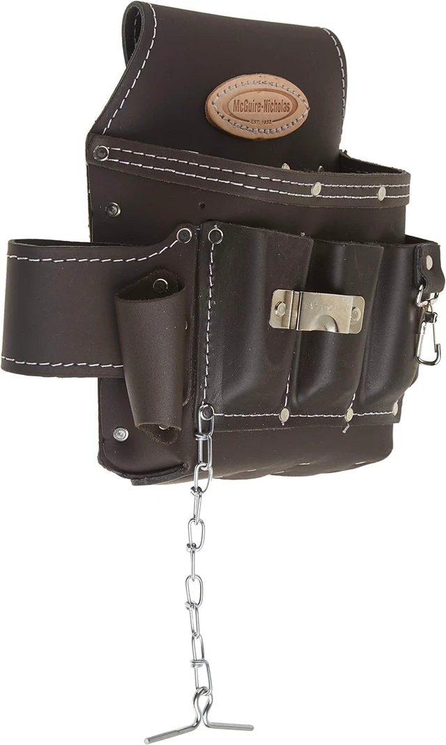 Alt view image 2 of 5 - Electrician Tool Pouch, 12 Pocket, 1 Pack, Brown Oil-tanned leather, Rivet-reinforced with tape chain and metal clip, Fits 3in belts, For electricians and contractors - Tool Bags