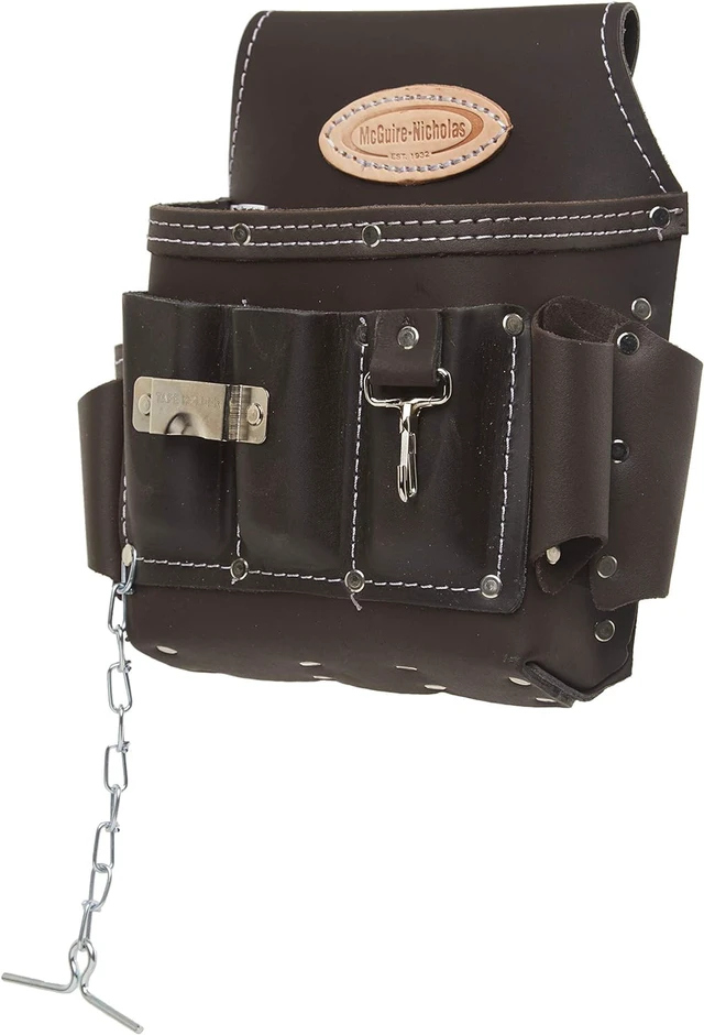 Alt view image 3 of 5 - Electrician Tool Pouch, 12 Pocket, 1 Pack, Brown Oil-tanned leather, Rivet-reinforced with tape chain and metal clip, Fits 3in belts, For electricians and contractors - Tool Bags