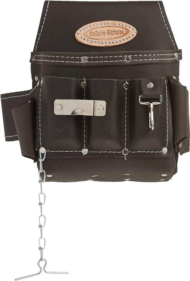 Main image of Electrician Tool Pouch, 12 Pocket, 1 Pack, Brown Oil-tanned leather, Rivet-reinforced with tape chain and metal clip, Fits 3in belts, For electricians and contractors - Tool Bags