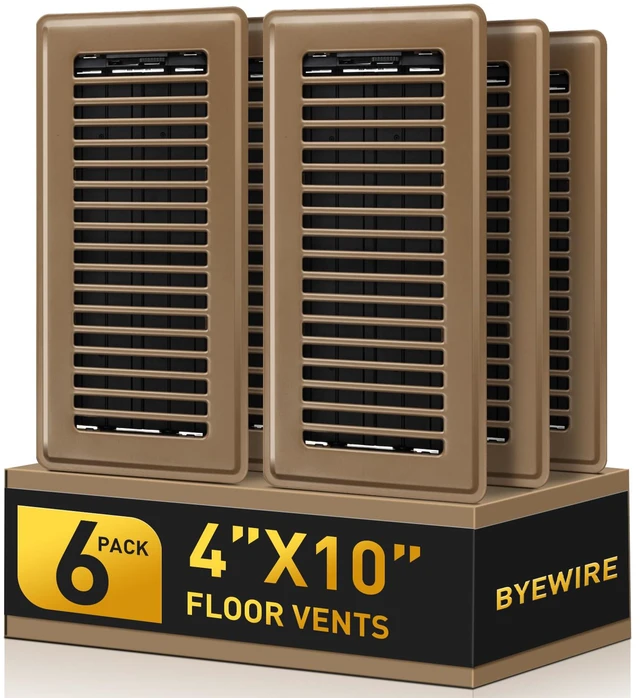 Main image of Floor Register 4x10, 6-Pack Brown Floor Vent Covers for Home Floor Heavy Duty Steel Walkable Floor Vents, Quiet & Adjustable Airflow Air Vent Covers, Rust Proof Finish 4" x 10'' Floor Grates