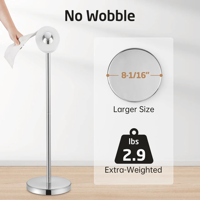 Alt view image 4 of 7 - Toilet Paper Holder Stand, 26" H, Polished, T304 Stainless Steel Cement-weighted base, anti-slip pad prevents scratches, universal roll compatibility, 1-min assembly, no drilling