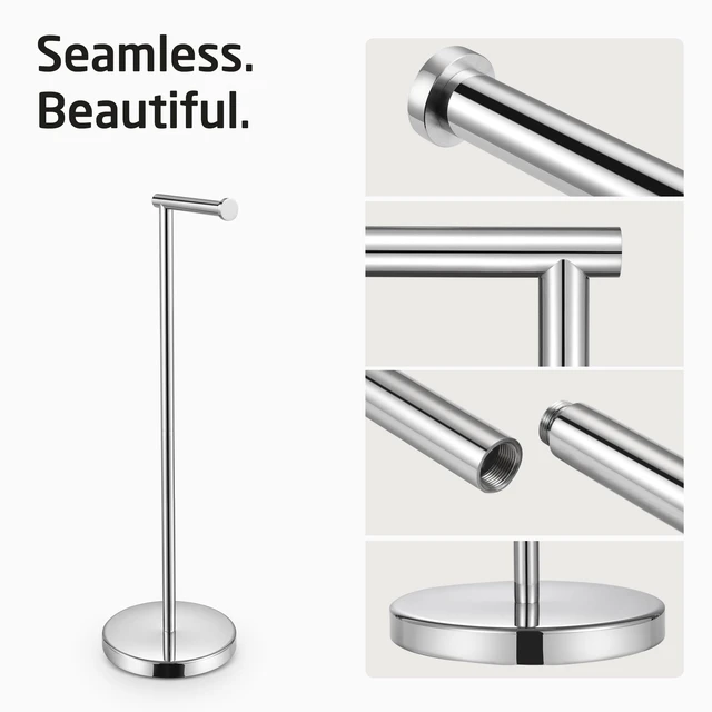 Alt view image 3 of 7 - Toilet Paper Holder Stand, 26" H, Polished, T304 Stainless Steel Cement-weighted base, anti-slip pad prevents scratches, universal roll compatibility, 1-min assembly, no drilling