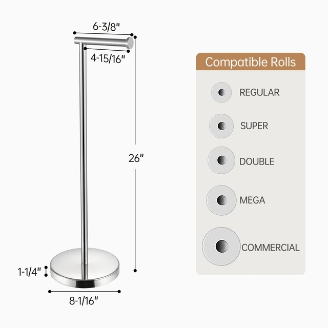 Alt view image 5 of 7 - Toilet Paper Holder Stand, 26" H, Polished, T304 Stainless Steel Cement-weighted base, anti-slip pad prevents scratches, universal roll compatibility, 1-min assembly, no drilling