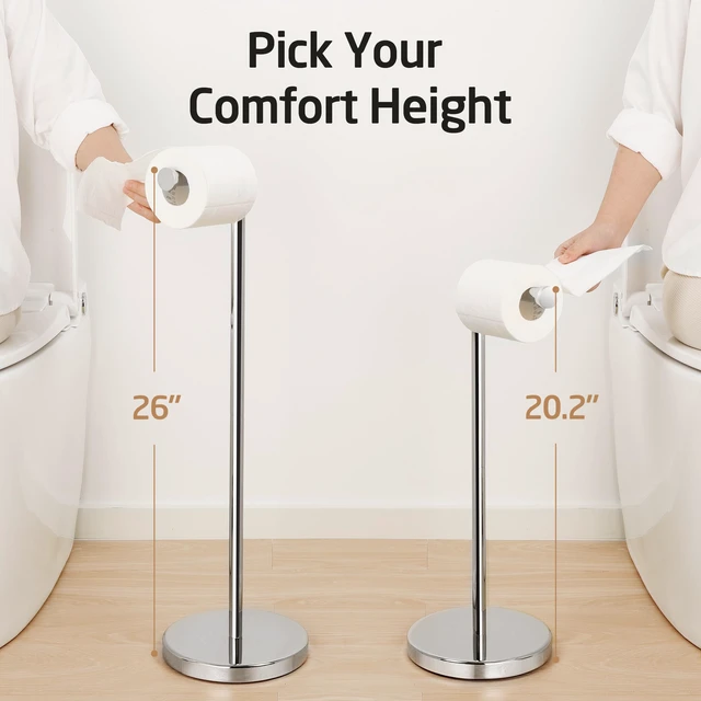 Alt view image 6 of 7 - Toilet Paper Holder Stand, 26" H, Polished, T304 Stainless Steel Cement-weighted base, anti-slip pad prevents scratches, universal roll compatibility, 1-min assembly, no drilling