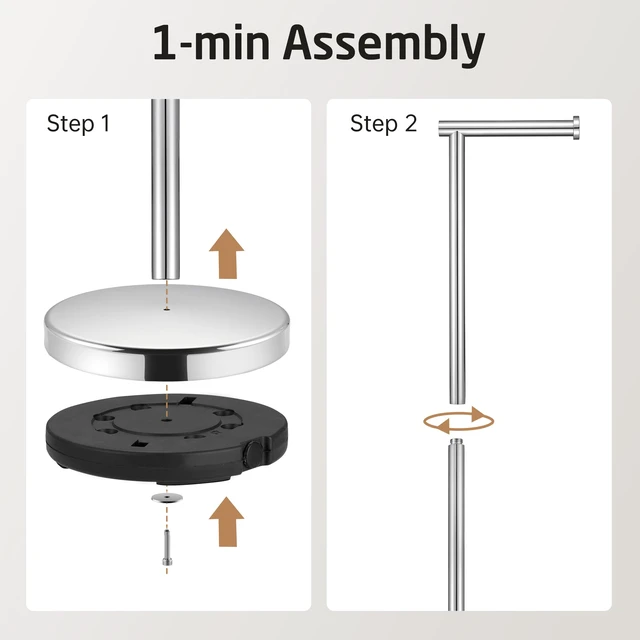 Alt view image 7 of 7 - Toilet Paper Holder Stand, 26" H, Polished, T304 Stainless Steel Cement-weighted base, anti-slip pad prevents scratches, universal roll compatibility, 1-min assembly, no drilling
