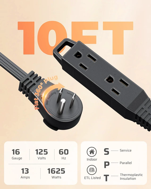Alt view image 3 of 7 - 10FT 360° Rotating Flat Plug Extension Cord/Wire, 16/3,ETL Listed 3 Prong, Ultra Thin Power Strip, 13A/125V/1625W, Grounded Flat Power Cable for Indoor Narrow Space, SPT-3, Black