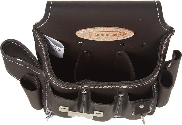 Alt view image 4 of 5 - Electrician Tool Pouch, 12 Pocket, 1 Pack, Brown Oil-tanned leather, Rivet-reinforced with tape chain and metal clip, Fits 3in belts, For electricians and contractors - Tool Bags