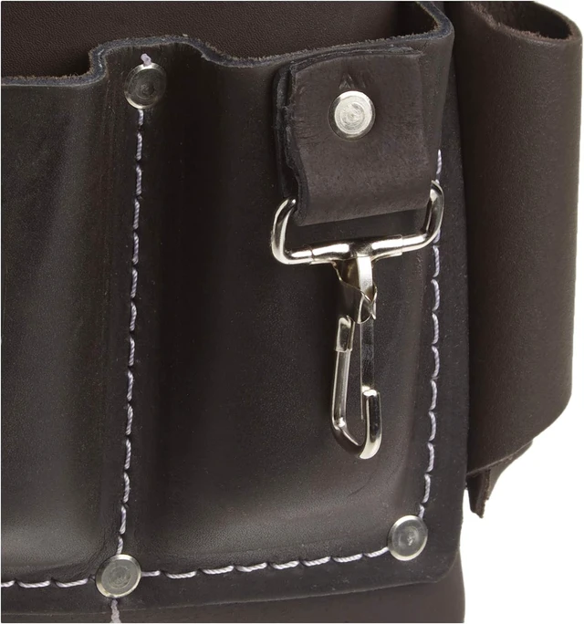 Alt view image 5 of 5 - Electrician Tool Pouch, 12 Pocket, 1 Pack, Brown Oil-tanned leather, Rivet-reinforced with tape chain and metal clip, Fits 3in belts, For electricians and contractors - Tool Bags