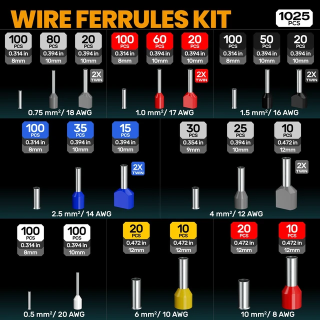 Alt view image 4 of 7 - Ferrule Hexagonal Crimping Tool Kit, 21 Sizes Ferrules, Crimping Tool 28-7 AWG with 20-8 AWG Terminals Kit, for PLC Control Cabinets, Control Panels, Automotive Wiring, DIY Electrical
